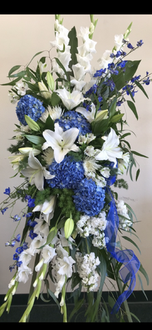 Blue and white standing spray - All About Flowers 
