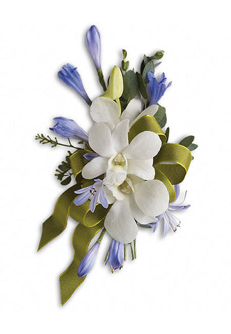 blue and white wrist corsage