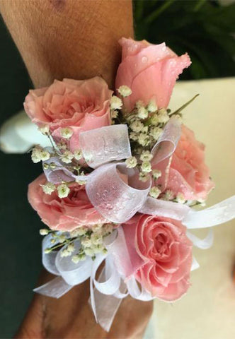 Blush color wrist corsage with matching ribbon for Prom, Winter Formal and wedding.